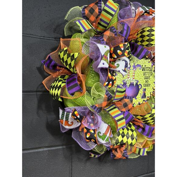 Halloween Witch Wreath Orange Purple Green Deco Mesh Handmade 24 Inch - Picture 2 of 8